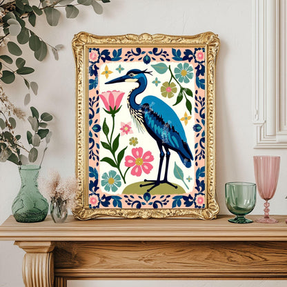 Blue Heron Wall Art | Floral Bird Wall Art | Whimsical Nature Poster | Pink and Blue Home Decor | Modern Maximalist Art