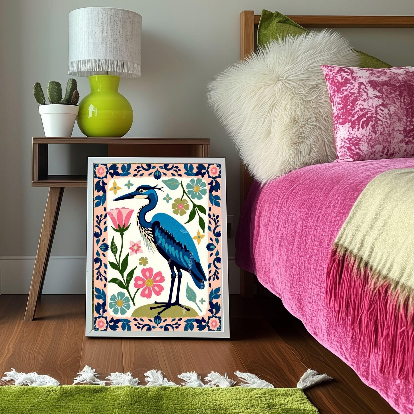Blue Heron Wall Art | Floral Bird Wall Art | Whimsical Nature Poster | Pink and Blue Home Decor | Modern Maximalist Art