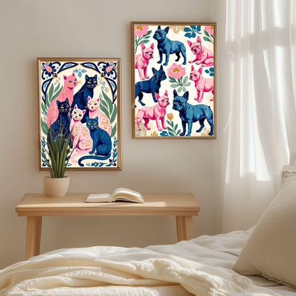 French Bulldog Art Print | Whimsical Dog Wall Art | Pink & Blue Frenchie Poster | Modern Maximalist Pet Decor | Gift for Dog Lovers