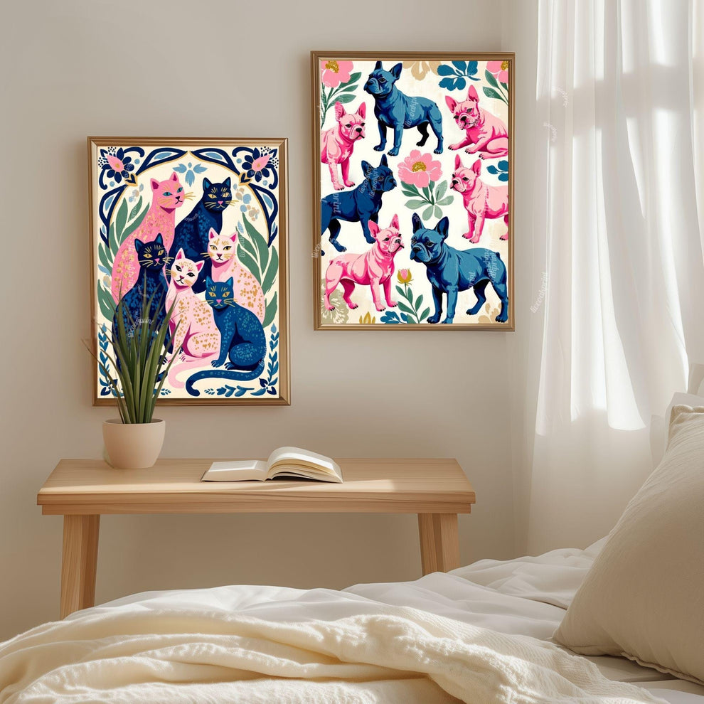 French Bulldog Art Print | Whimsical Dog Wall Art | Pink & Blue Frenchie Poster | Modern Maximalist Pet Decor | Gift for Dog Lovers