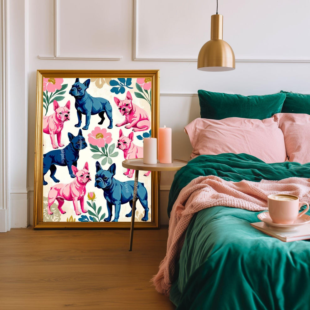 French Bulldog Art Print | Whimsical Dog Wall Art | Pink & Blue Frenchie Poster | Modern Maximalist Pet Decor | Gift for Dog Lovers