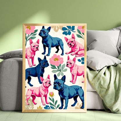 French Bulldog Art Print | Whimsical Dog Wall Art | Pink & Blue Frenchie Poster | Modern Maximalist Pet Decor | Gift for Dog Lovers