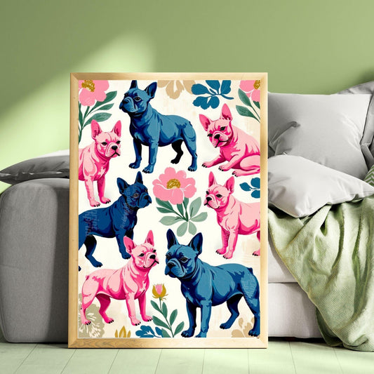 French Bulldog Art Print | Whimsical Dog Wall Art | Pink & Blue Frenchie Poster | Modern Maximalist Pet Decor | Gift for Dog Lovers