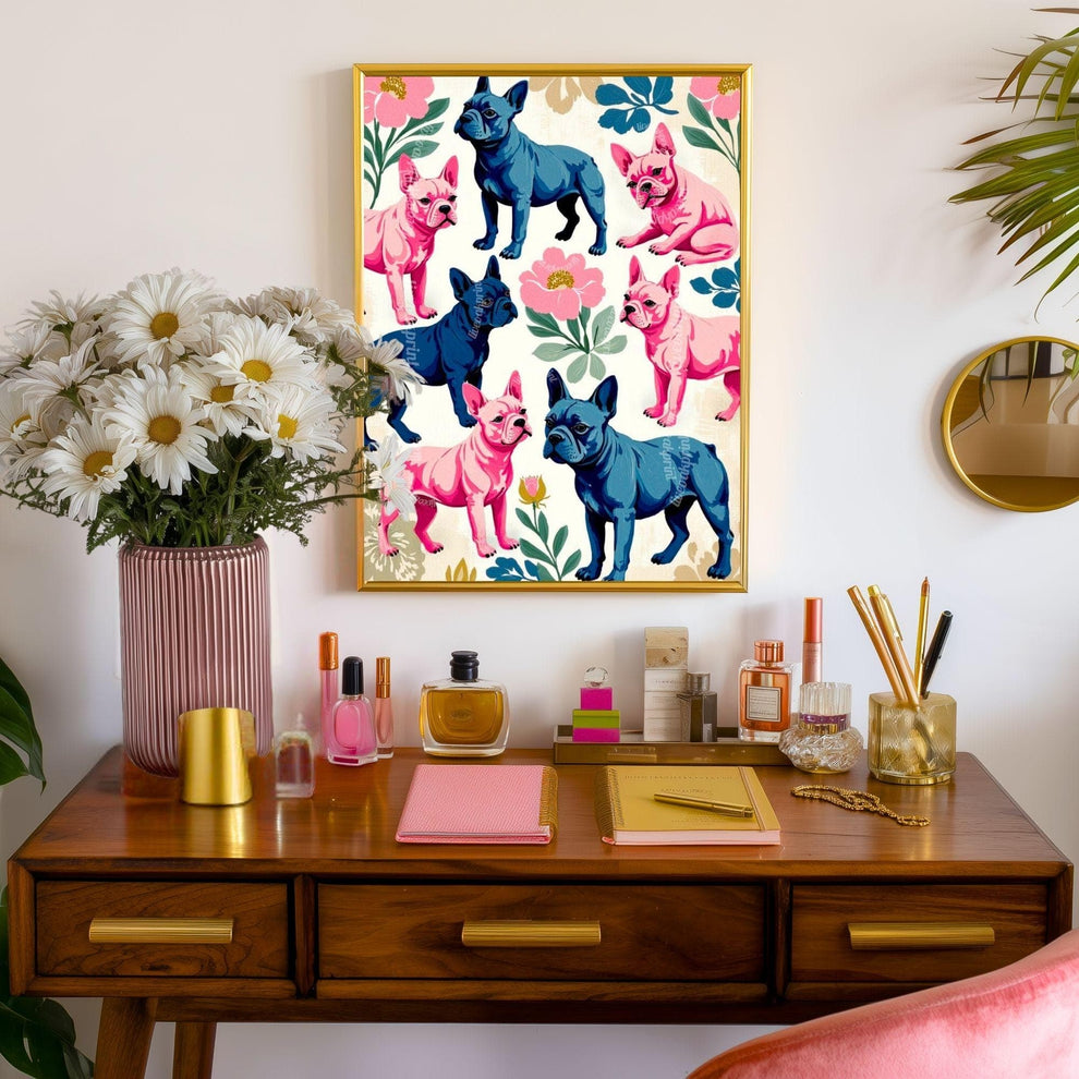 French Bulldog Art Print | Whimsical Dog Wall Art | Pink & Blue Frenchie Poster | Modern Maximalist Pet Decor | Gift for Dog Lovers