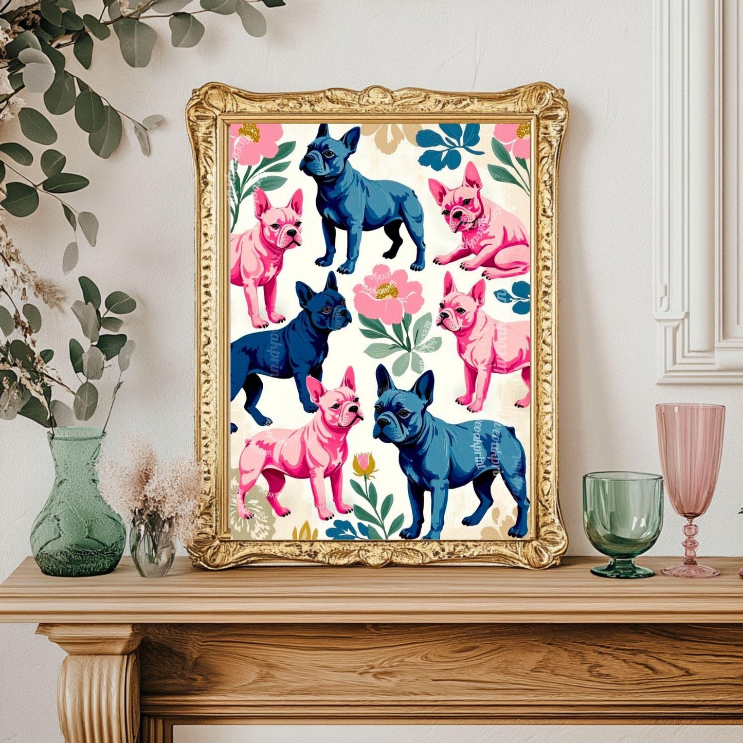 French Bulldog Art Print | Whimsical Dog Wall Art | Pink & Blue Frenchie Poster | Modern Maximalist Pet Decor | Gift for Dog Lovers