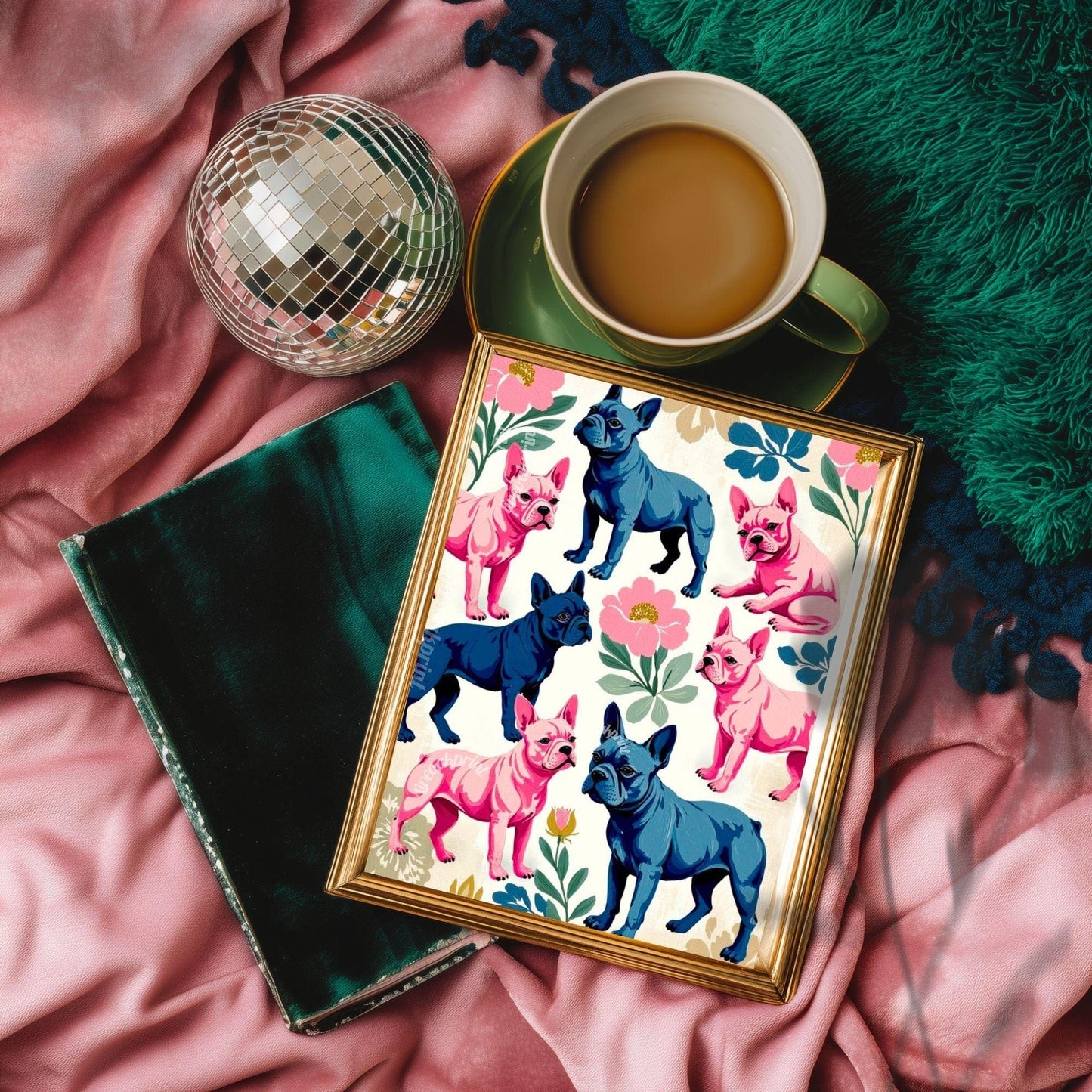 French Bulldog Art Print | Whimsical Dog Wall Art | Pink & Blue Frenchie Poster | Modern Maximalist Pet Decor | Gift for Dog Lovers