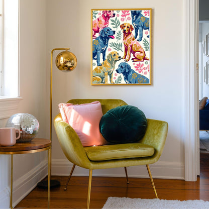 Yellow Lab Art Print | Labrador Retriever Wall Art | Whimsical Dog Print | Pink & Blue Lab Poster | Gift for Dog Lovers | Framed or Unframed