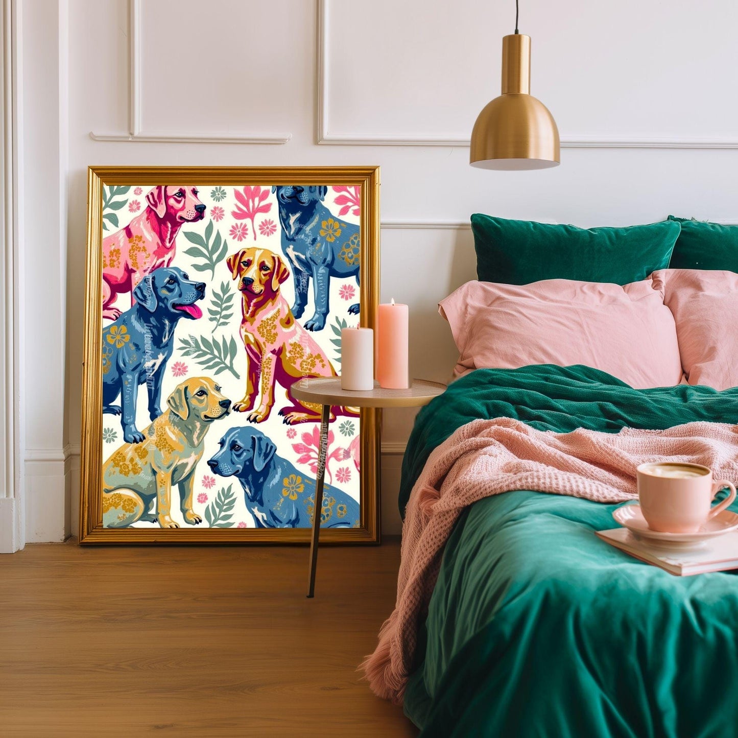 Yellow Lab Art Print | Labrador Retriever Wall Art | Whimsical Dog Print | Pink & Blue Lab Poster | Gift for Dog Lovers | Framed or Unframed