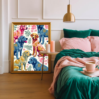 Yellow Lab Art Print | Labrador Retriever Wall Art | Whimsical Dog Print | Pink & Blue Lab Poster | Gift for Dog Lovers | Framed or Unframed
