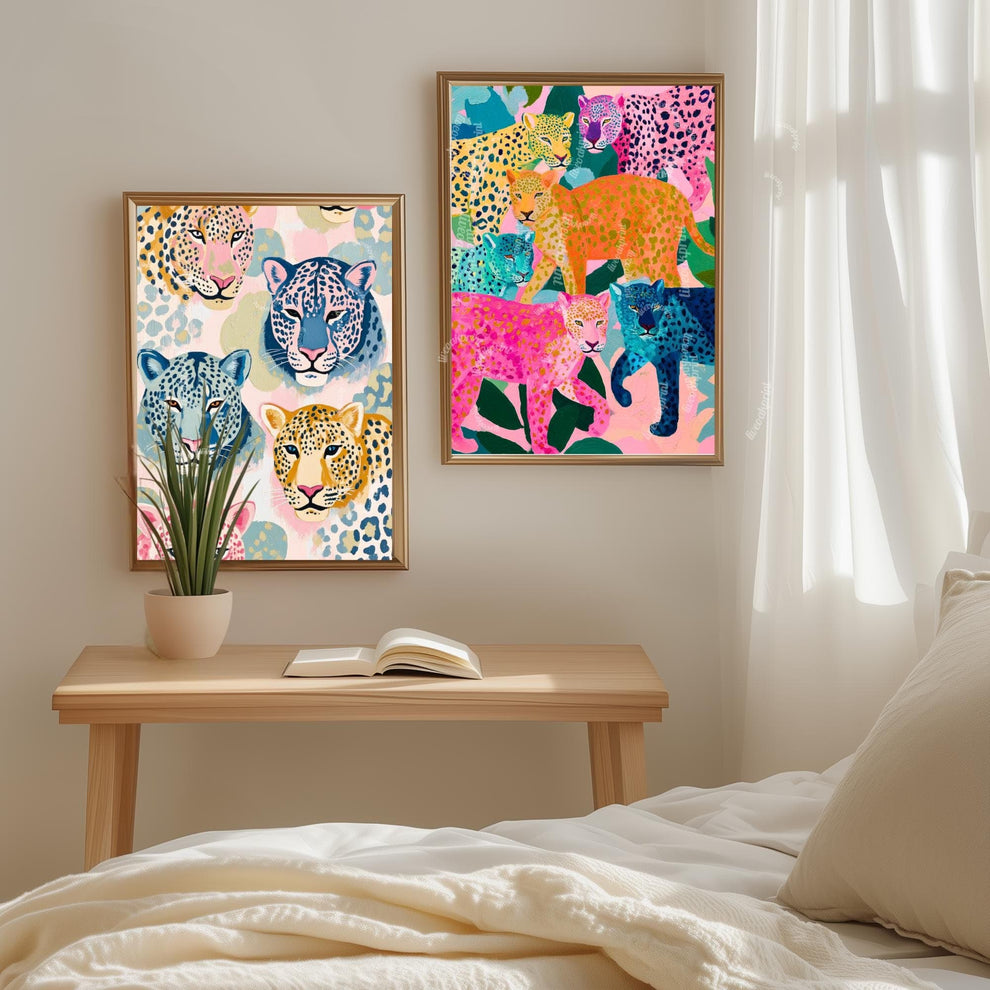 Colorful Leopard Art Print | Whimsical Jungle Wall Art | Pink & Blue Leopard Poster | Modern Maximalist Animal Decor | Framed or Unframed