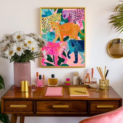 Colorful Leopard Art Print | Whimsical Jungle Wall Art | Pink & Blue Leopard Poster | Modern Maximalist Animal Decor | Framed or Unframed
