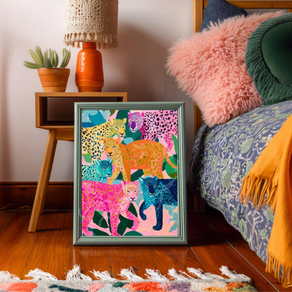 Colorful Leopard Art Print | Whimsical Jungle Wall Art | Pink & Blue Leopard Poster | Modern Maximalist Animal Decor | Framed or Unframed