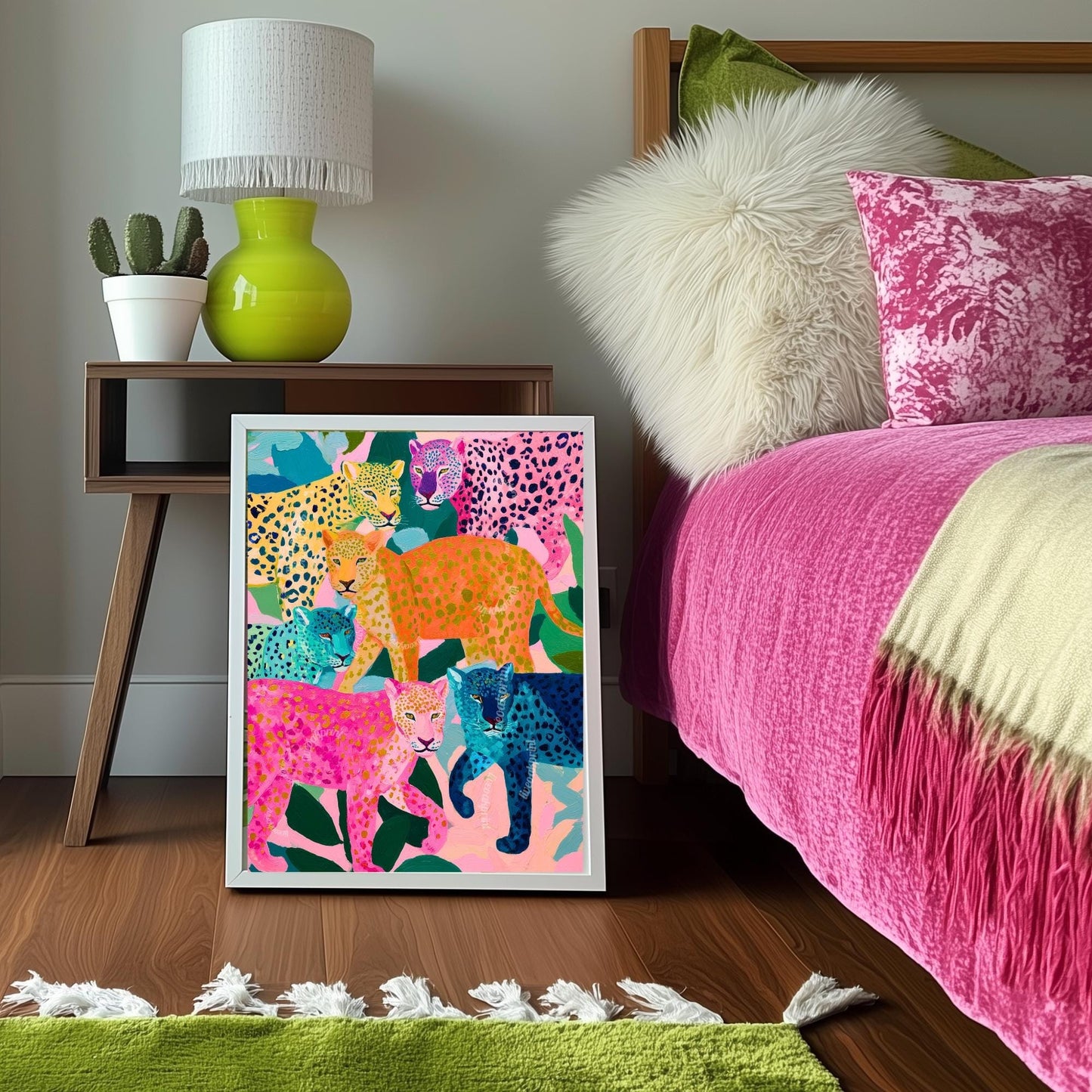 Colorful Leopard Art Print | Whimsical Jungle Wall Art | Pink & Blue Leopard Poster | Modern Maximalist Animal Decor | Framed or Unframed