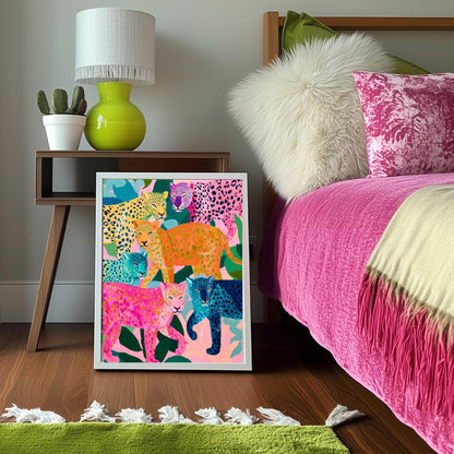 Colorful Leopard Art Print | Whimsical Jungle Wall Art | Pink & Blue Leopard Poster | Modern Maximalist Animal Decor | Framed or Unframed