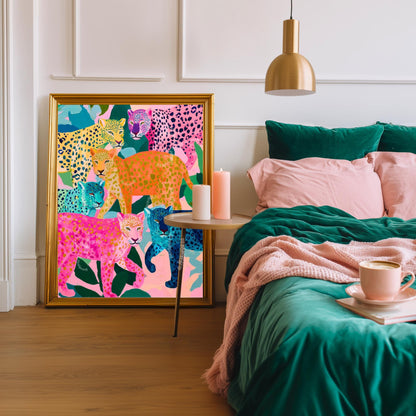 Colorful Leopard Art Print | Whimsical Jungle Wall Art | Pink & Blue Leopard Poster | Modern Maximalist Animal Decor | Framed or Unframed