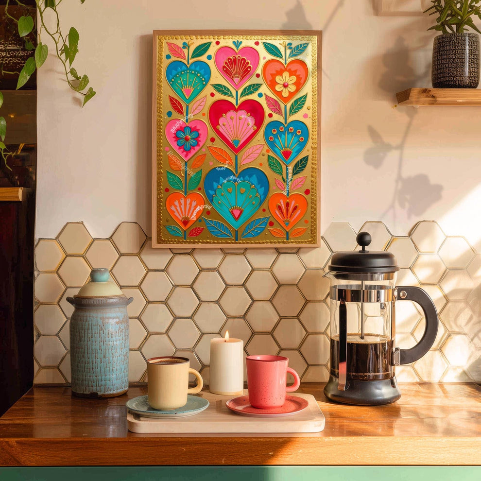 Gold Boho Scandi Hearts Print – Colorful Scandinavian Folk Art Wall Decor