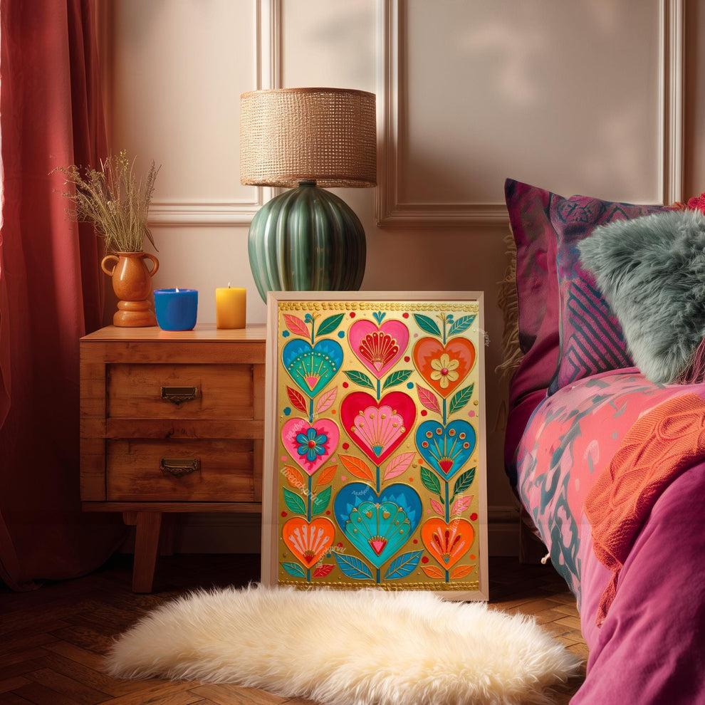 Gold Boho Scandi Hearts Print – Colorful Scandinavian Folk Art Wall Decor