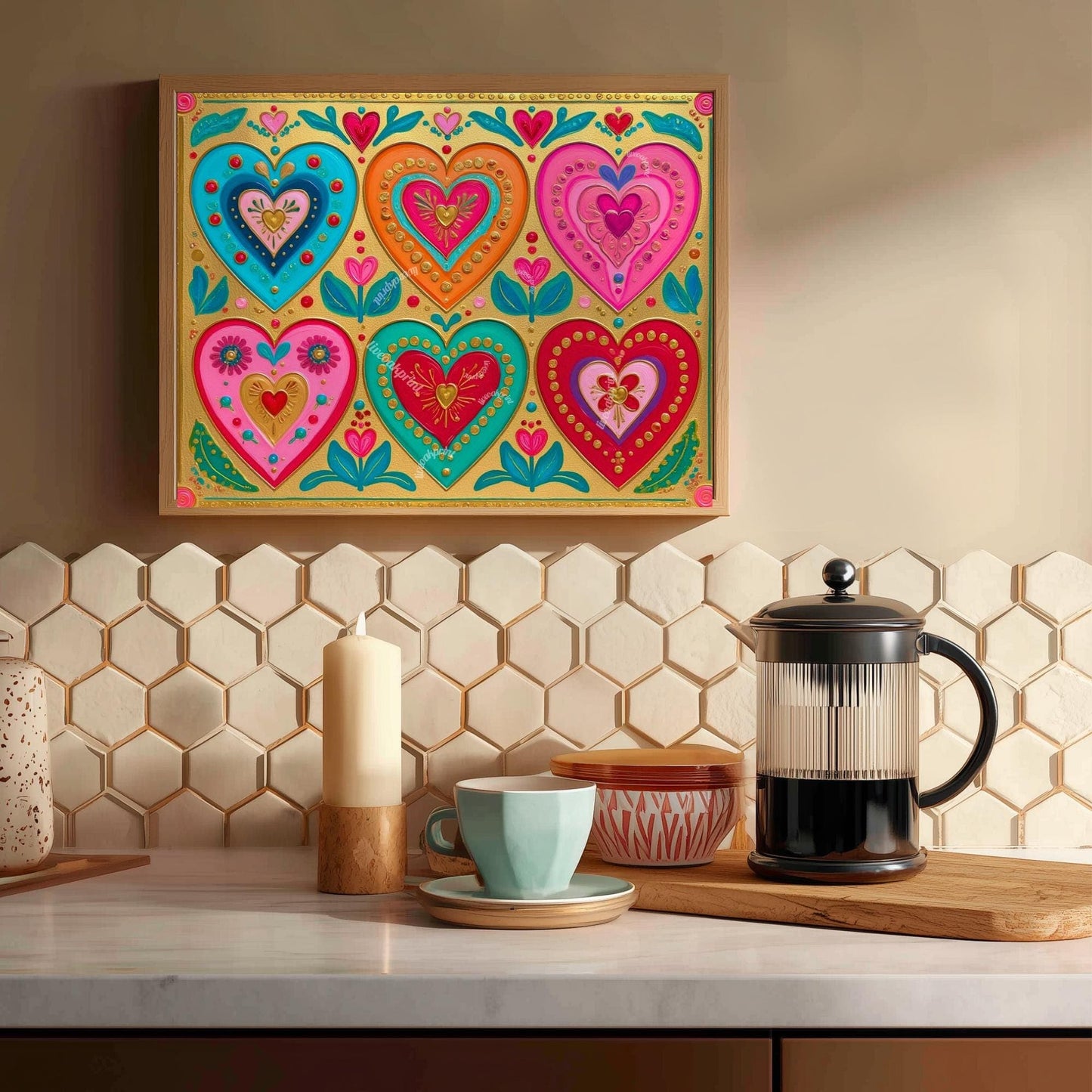 Gold Boho Scandi Hearts Print – Horizontal Over The Couch Wall Art