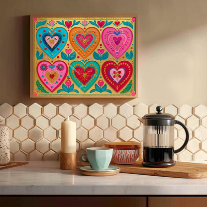 Gold Boho Scandi Hearts Print – Horizontal Over The Couch Wall Art