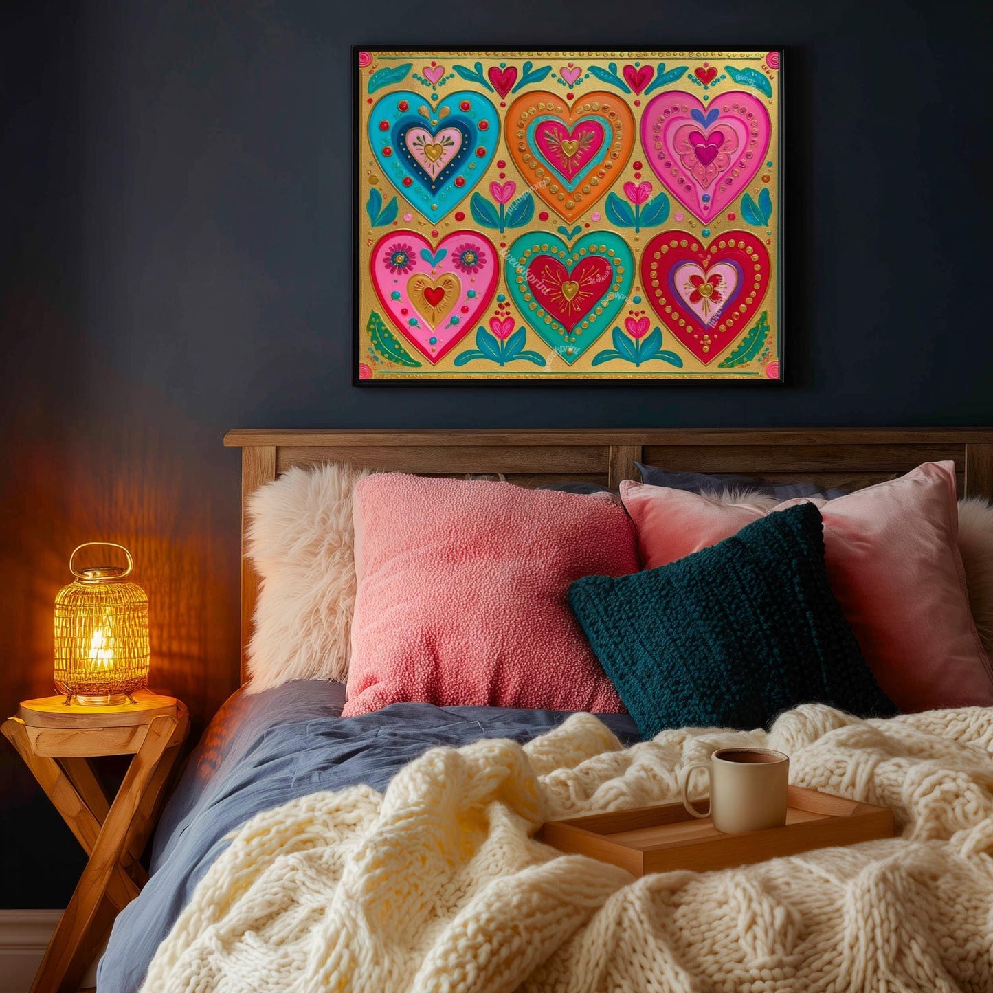 Gold Boho Scandi Hearts Print – Horizontal Over The Couch Wall Art