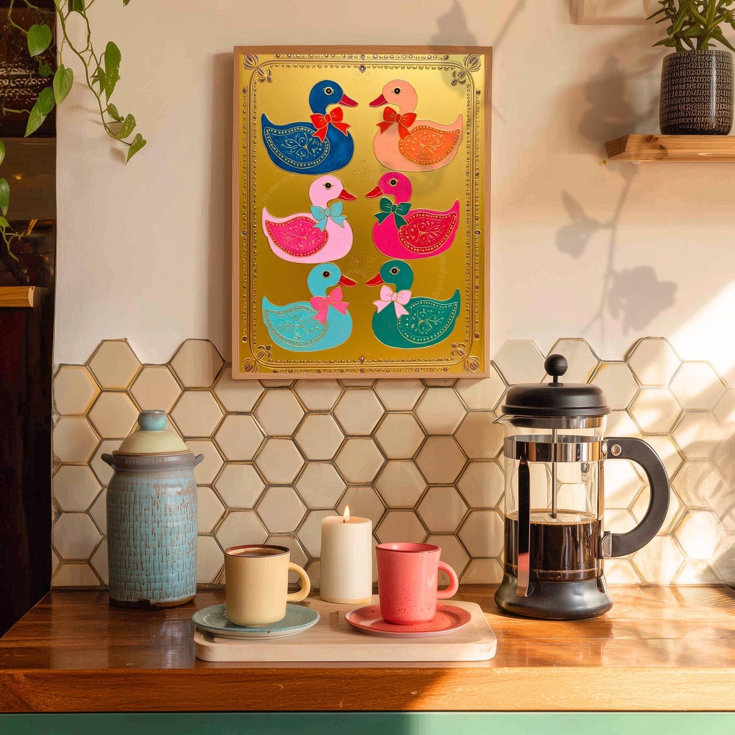 Gold Colorful Ducks Art Print – Maximalist Scandi Folk Wall Decoration