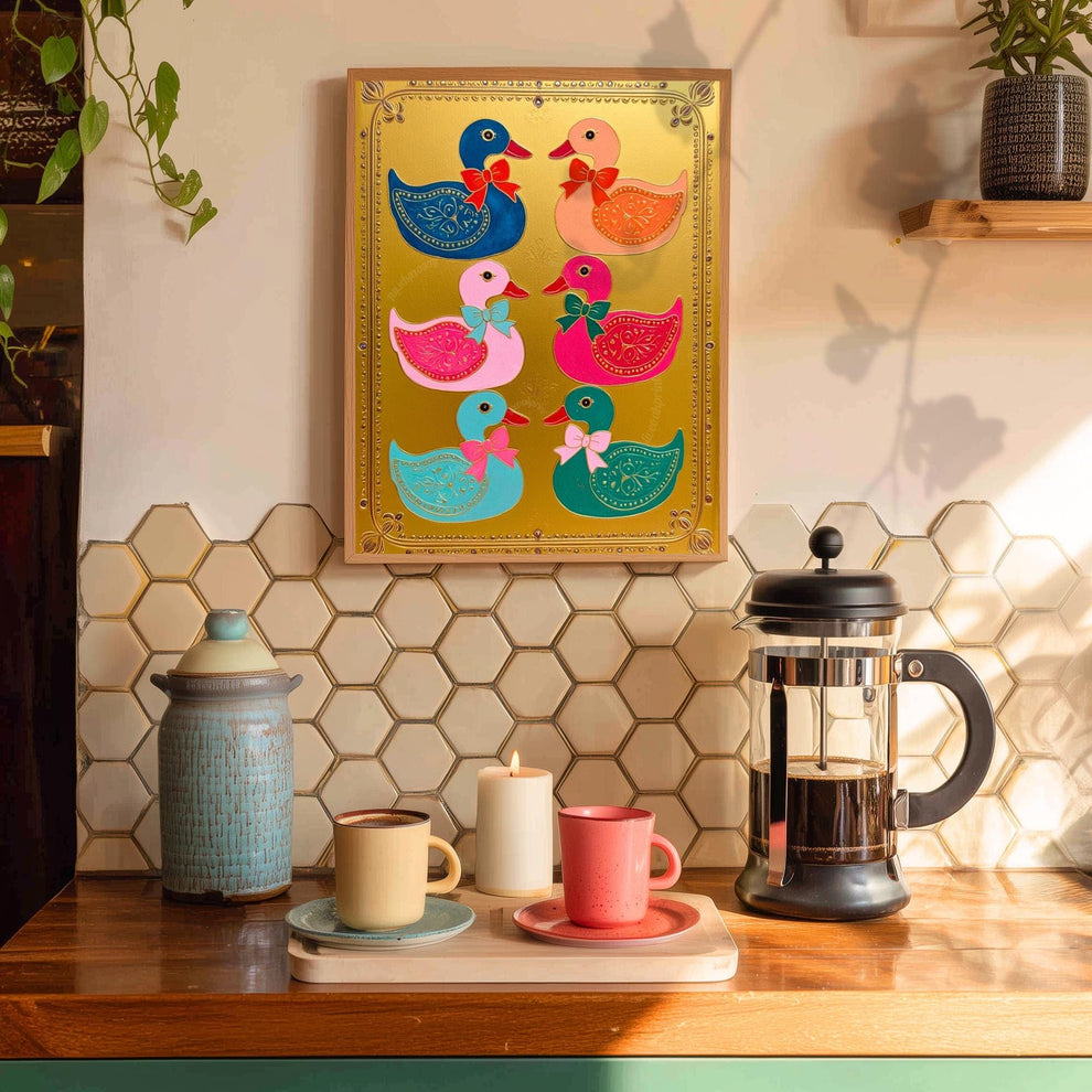 Gold Colorful Ducks Art Print – Maximalist Scandi Folk Wall Decoration
