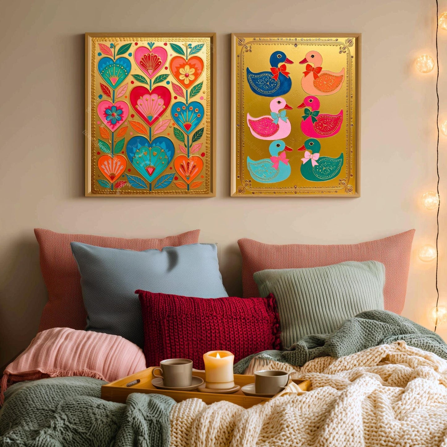 Gold Colorful Ducks Art Print – Maximalist Scandi Folk Wall Decoration