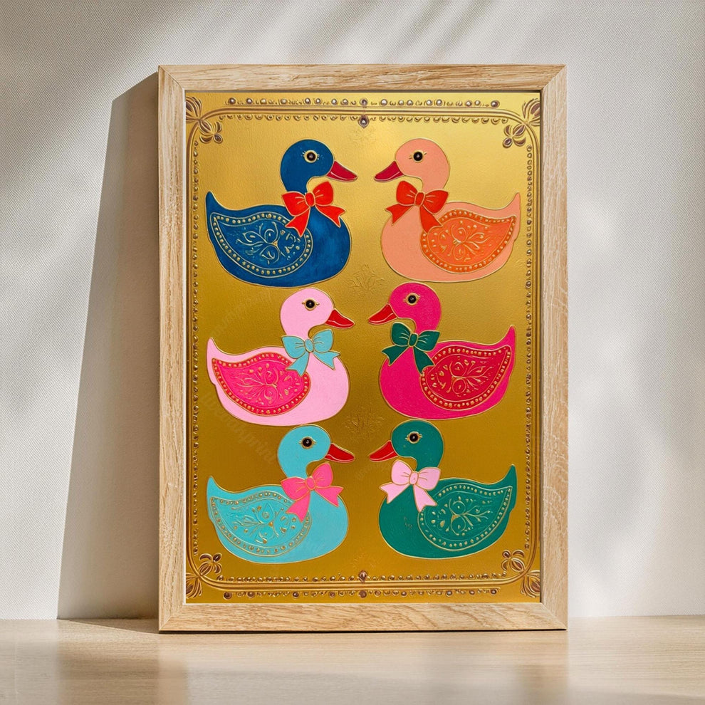 Gold Colorful Ducks Art Print – Maximalist Scandi Folk Wall Decoration