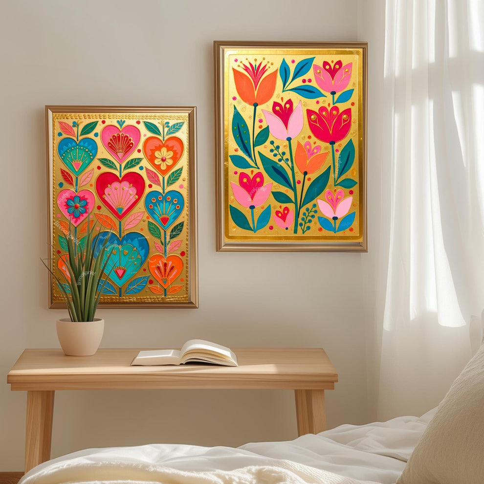 Gold Boho Nordic Flowers Print – Floral Scandinavian Modern Folk Wall Art