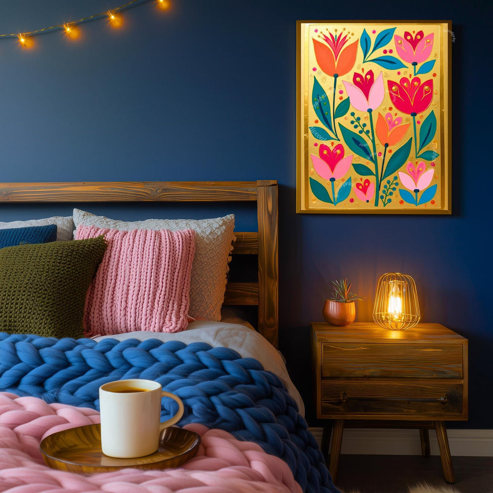 Gold Boho Nordic Flowers Print – Floral Scandinavian Modern Folk Wall Art