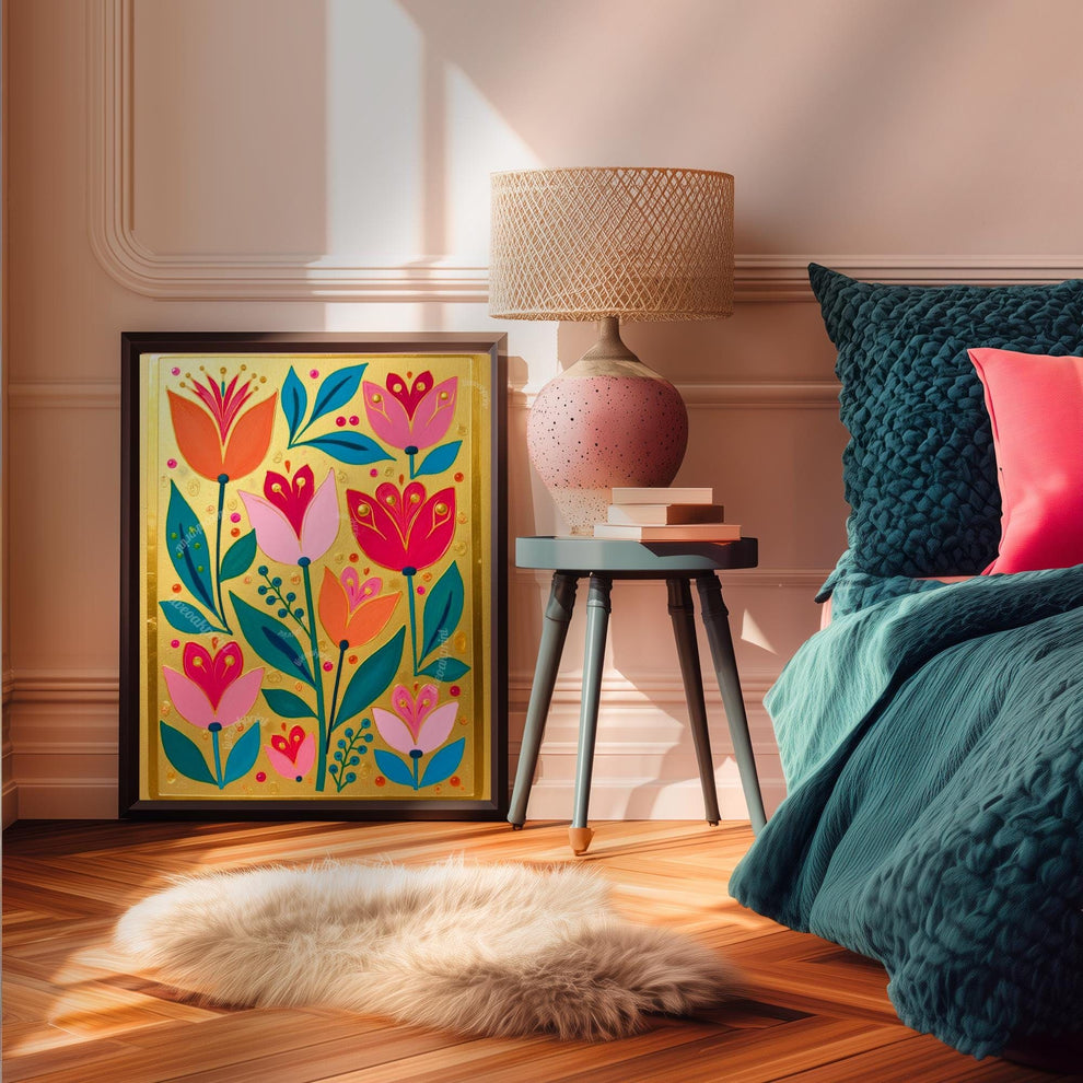Gold Boho Nordic Flowers Print – Floral Scandinavian Modern Folk Wall Art