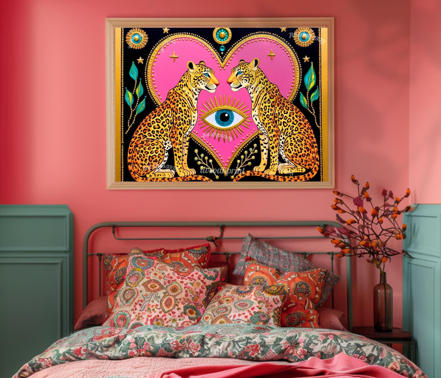 Celestial Leopard Heart Art Print | Mystical Animal Wall Art | Pink & Gold Maximalist Decor | Whimsical Jungle Poster | Framed or Unframed