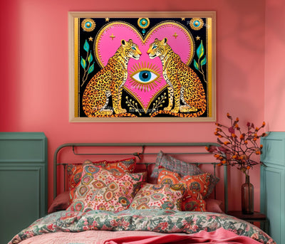 Celestial Leopard Heart Art Print | Mystical Animal Wall Art | Pink & Gold Maximalist Decor | Whimsical Jungle Poster | Framed or Unframed