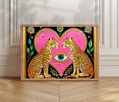 Celestial Leopard Heart Art Print | Mystical Animal Wall Art | Pink & Gold Maximalist Decor | Whimsical Jungle Poster | Framed or Unframed