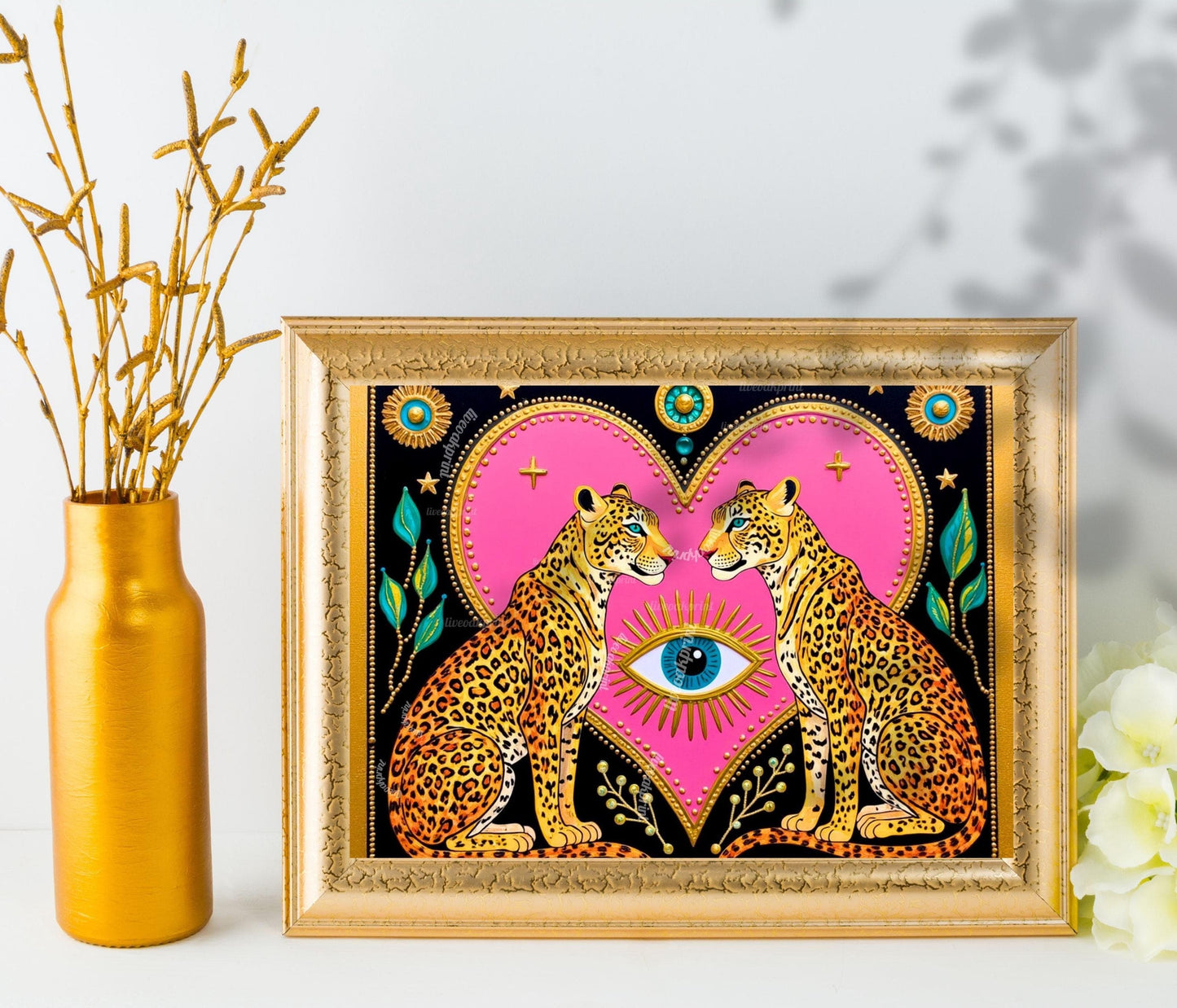 Celestial Leopard Heart Art Print | Mystical Animal Wall Art | Pink & Gold Maximalist Decor | Whimsical Jungle Poster | Framed or Unframed