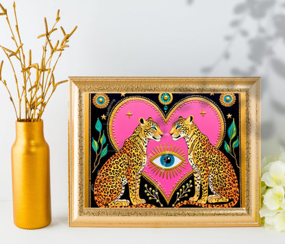 Celestial Leopard Heart Art Print | Mystical Animal Wall Art | Pink & Gold Maximalist Decor | Whimsical Jungle Poster | Framed or Unframed