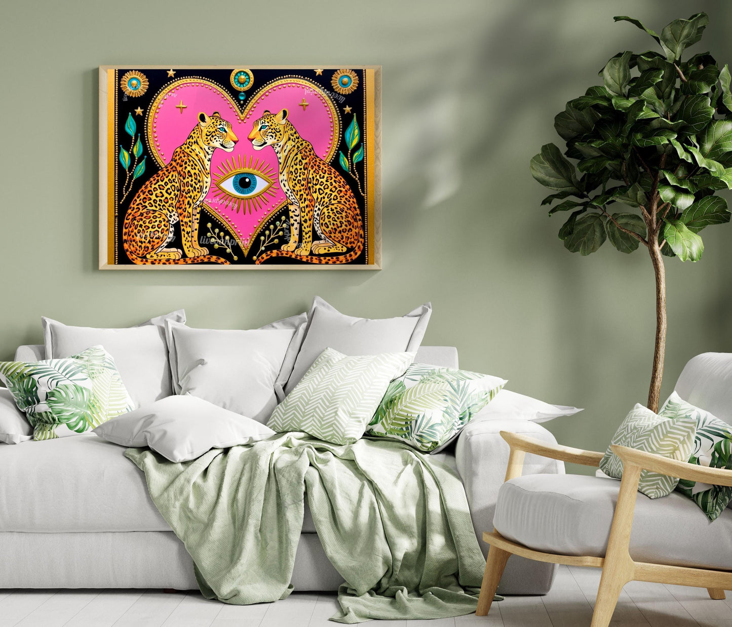 Celestial Leopard Heart Art Print | Mystical Animal Wall Art | Pink & Gold Maximalist Decor | Whimsical Jungle Poster | Framed or Unframed