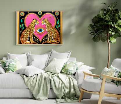 Celestial Leopard Heart Art Print | Mystical Animal Wall Art | Pink & Gold Maximalist Decor | Whimsical Jungle Poster | Framed or Unframed