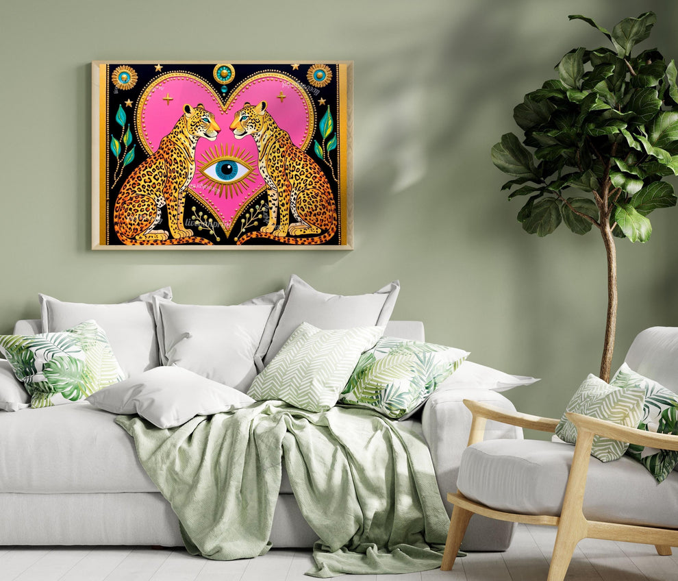 Celestial Leopard Heart Art Print | Mystical Animal Wall Art | Pink & Gold Maximalist Decor | Whimsical Jungle Poster | Framed or Unframed