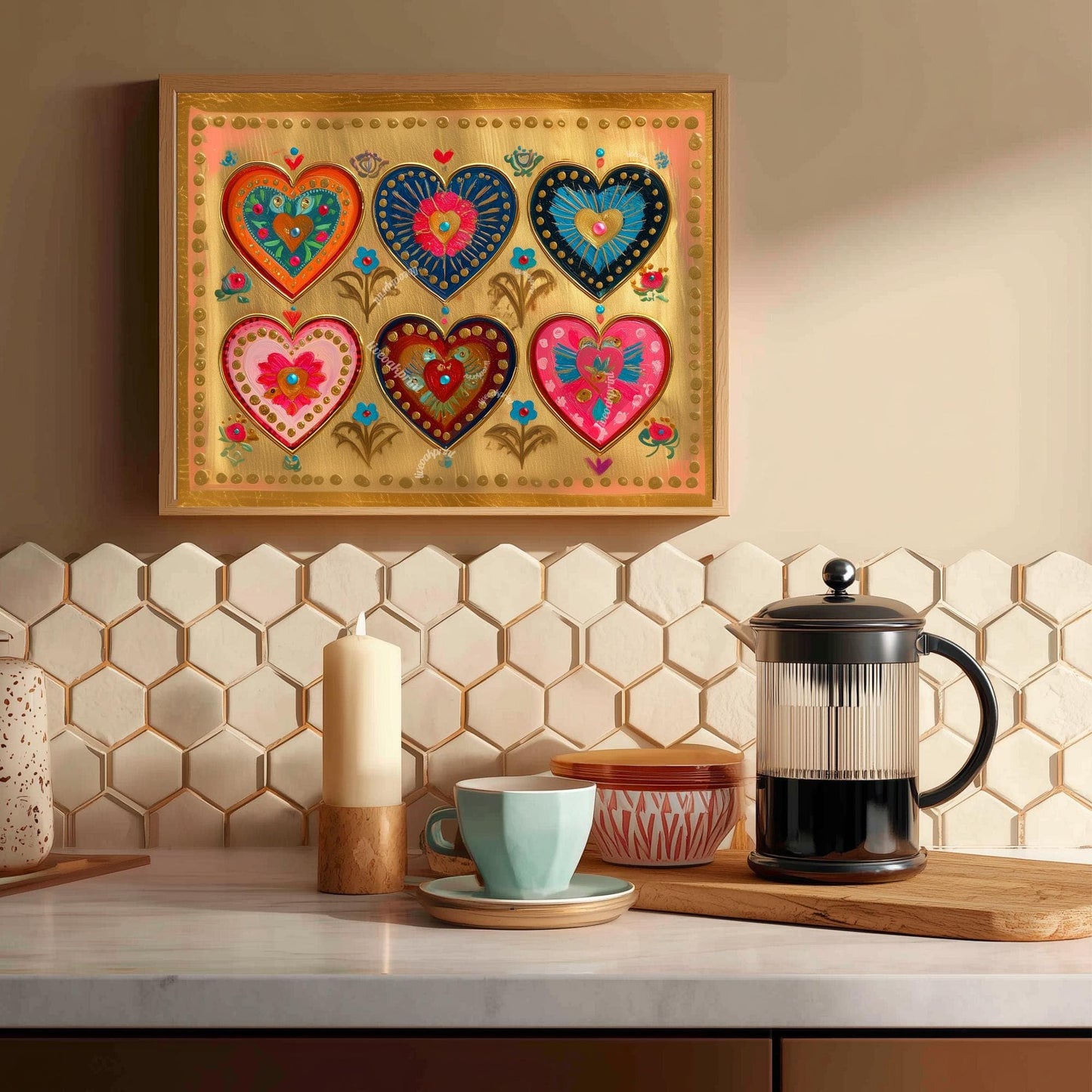 Folk Art Heart Wall Print – Horizontal Artwork For Over The Bed Landscape Boho Gold Print