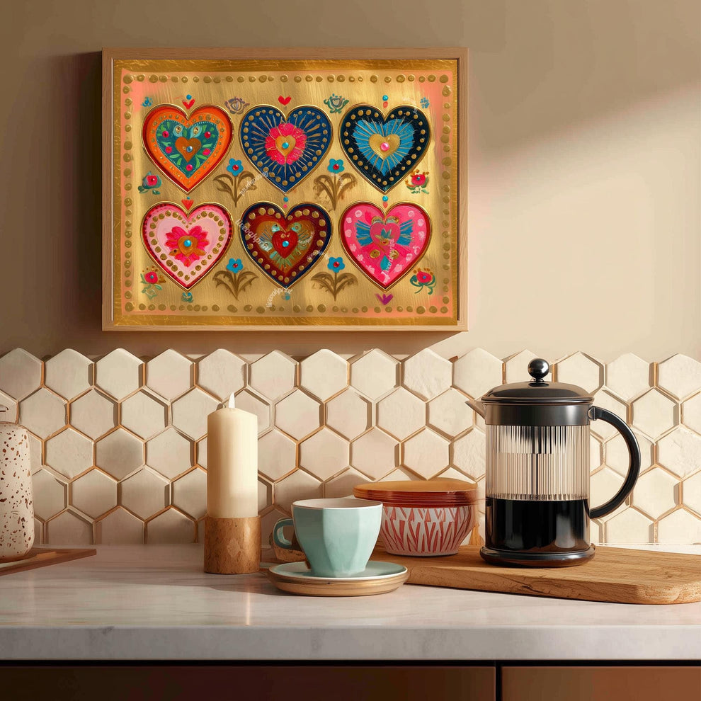 Folk Art Heart Wall Print – Horizontal Artwork For Over The Bed Landscape Boho Gold Print