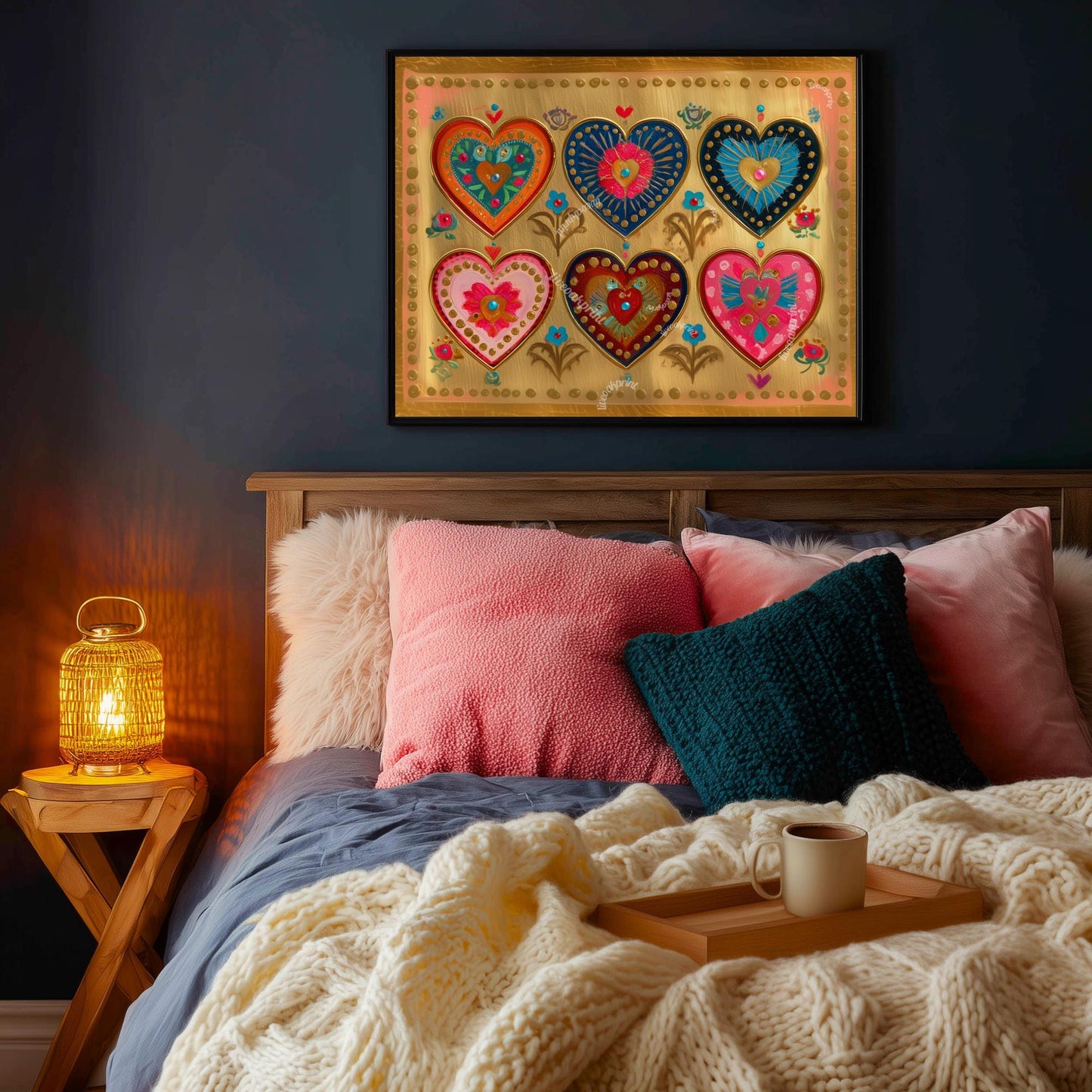 Folk Art Heart Wall Print – Horizontal Artwork For Over The Bed Landscape Boho Gold Print