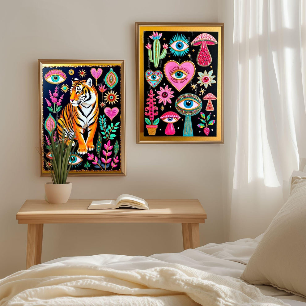 Mystical Tiger Art Print - Pink and Green Maximalist Surreal Wall Art