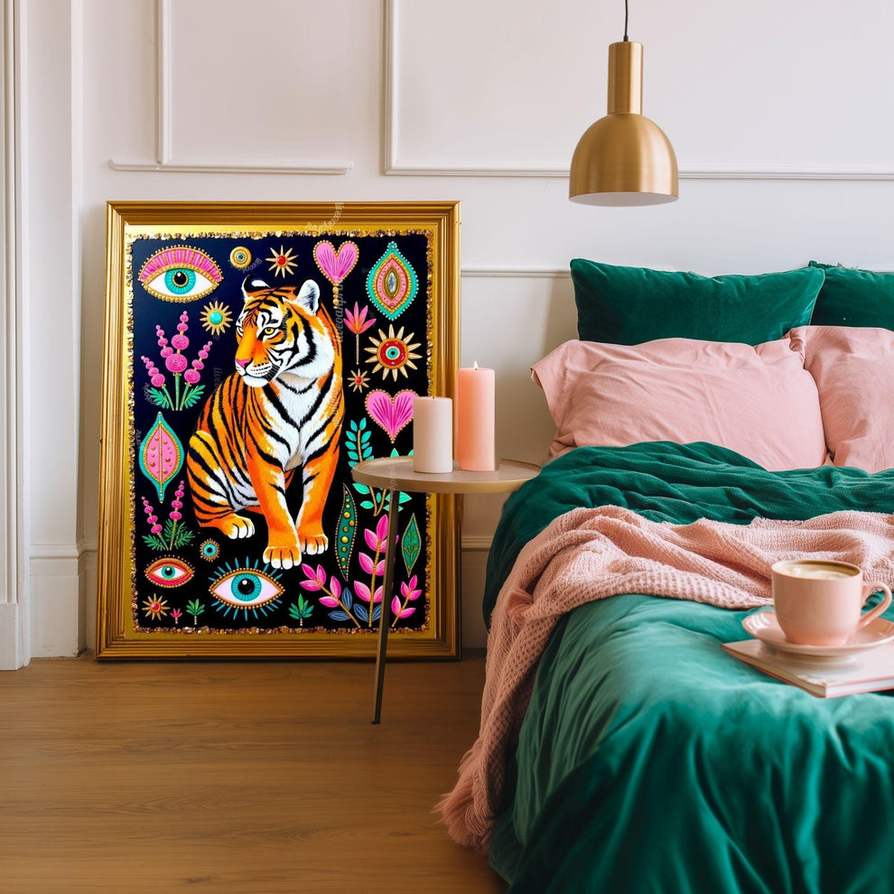 Mystical Tiger Art Print - Pink and Green Maximalist Surreal Wall Art