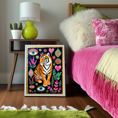 Mystical Tiger Art Print - Pink and Green Maximalist Surreal Wall Art