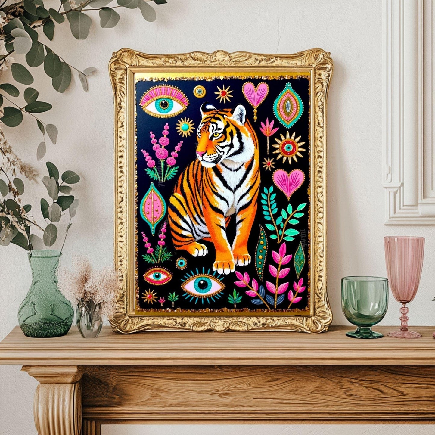 Mystical Tiger Art Print - Pink and Green Maximalist Surreal Wall Art