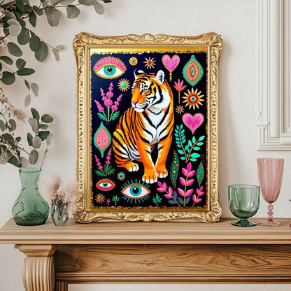 Mystical Tiger Art Print - Pink and Green Maximalist Surreal Wall Art