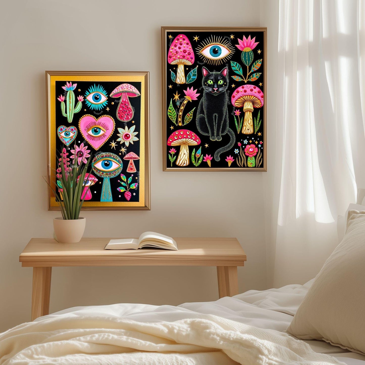 Mushroom Cat Art Print - Surreal Maximalist Decor For Bedroom or Boho Living Room