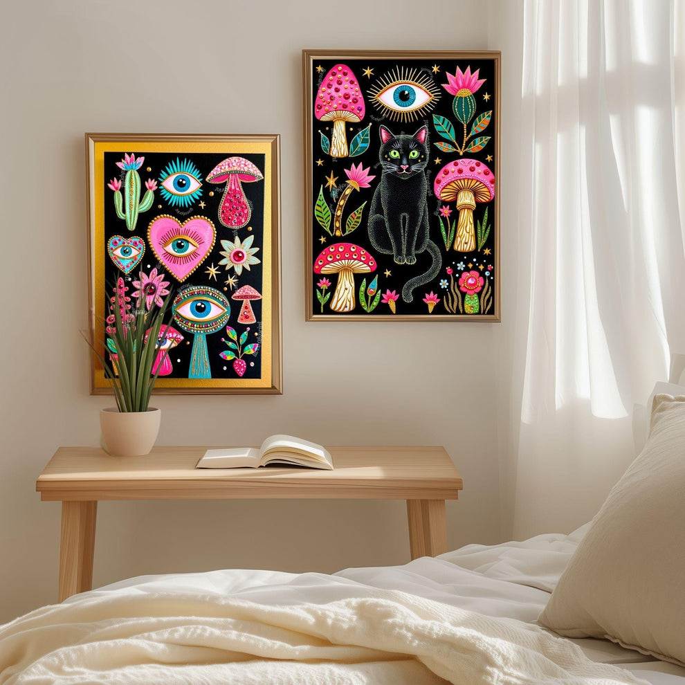 Mushroom Cat Art Print - Surreal Maximalist Decor For Bedroom or Boho Living Room