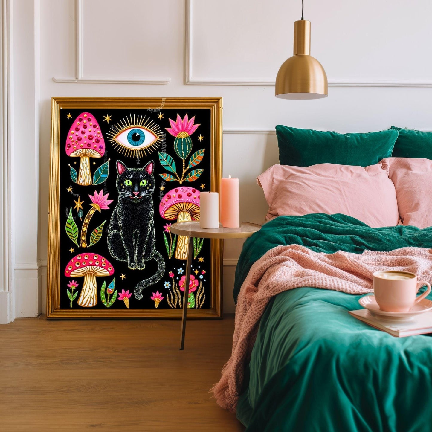 Mushroom Cat Art Print - Surreal Maximalist Decor For Bedroom or Boho Living Room